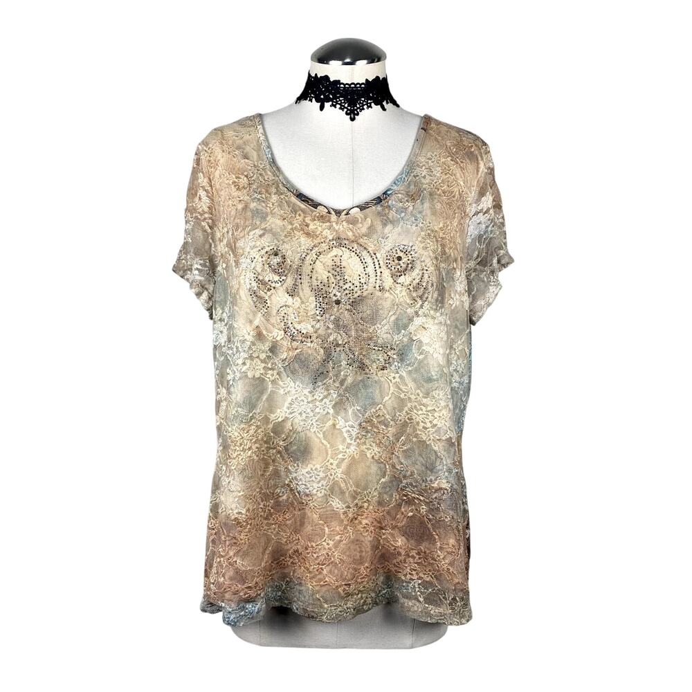 B.L.E.U. Vtg Y2K Rhinestone Lace Whimsigoth Boho Graphic Print Mallgoth Top X-L